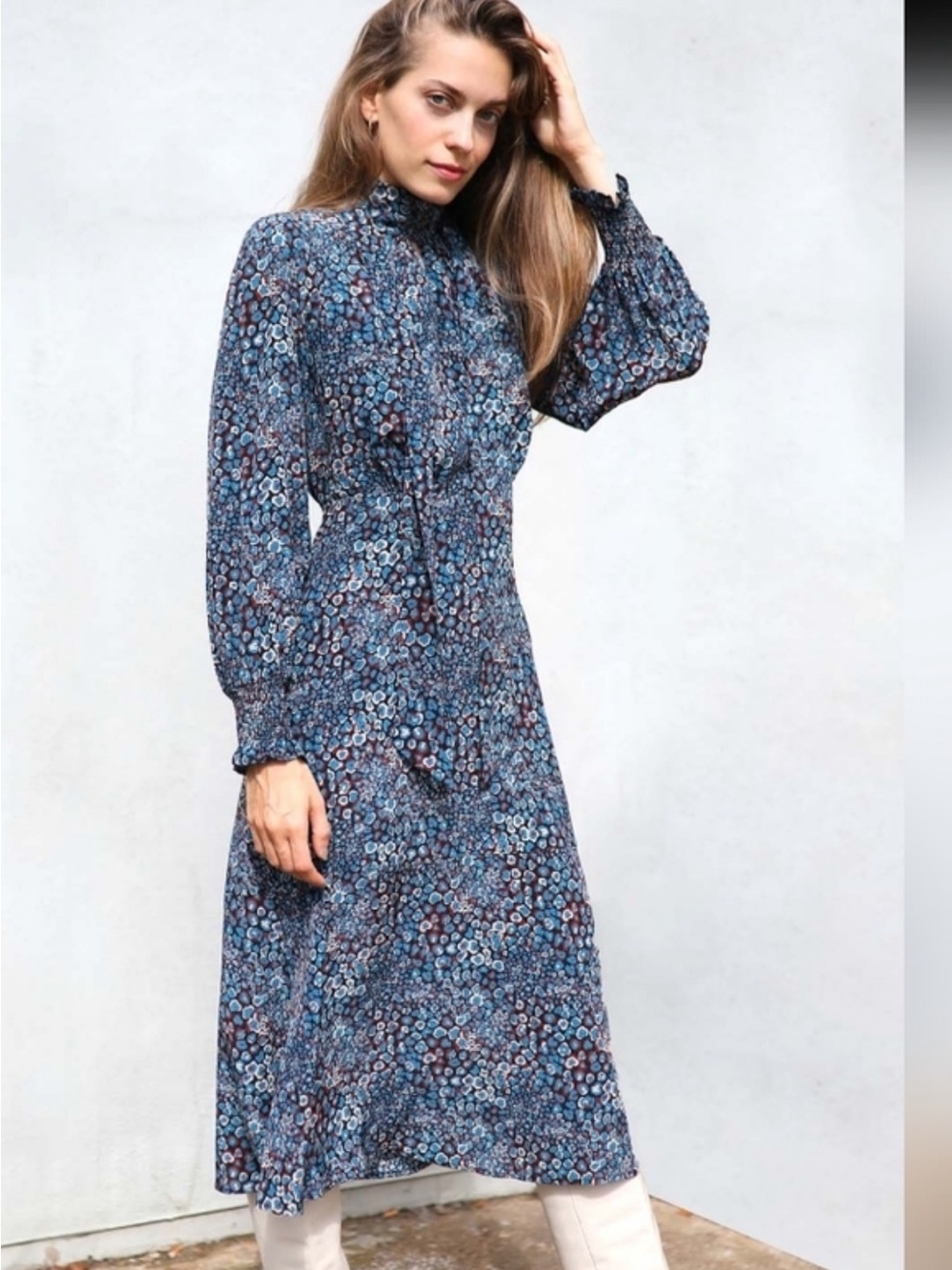 High-Neck Blue Floral Long-Sleeve Midi Dress